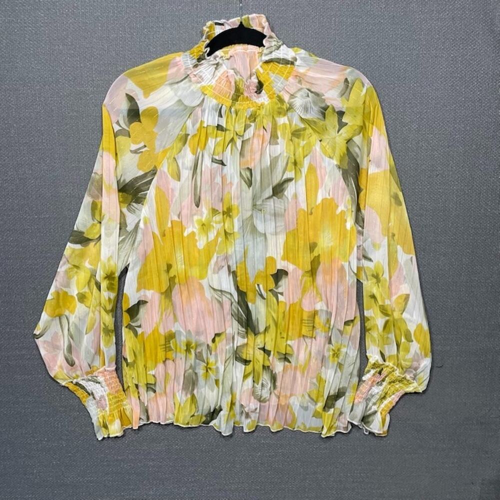Sheer Long Sleeve Floral Top Sz. L Smocked Pleated Flounce Sleeve Boho Romantic